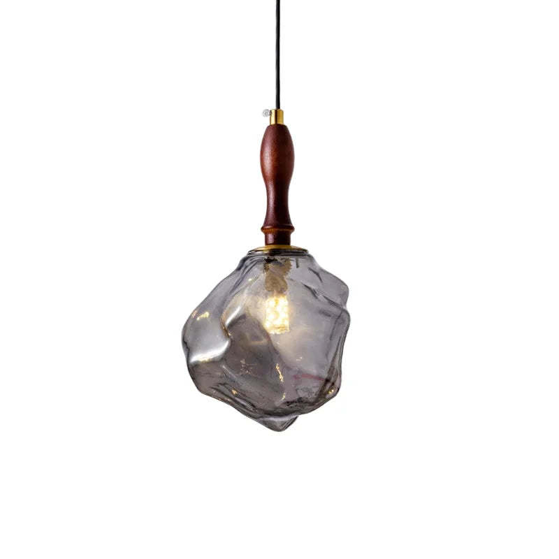 Vintage Glass Pendant Lamp – Wabi-Sabi Style with Wood & Ice Block Design