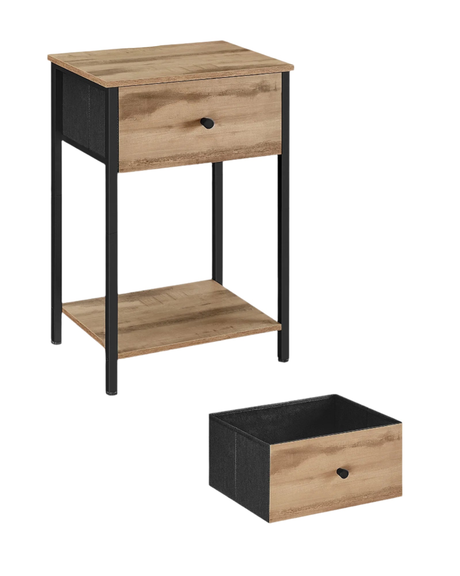 Bedside Table with Fabric Drawer – 61 cm High with Open Shelf
